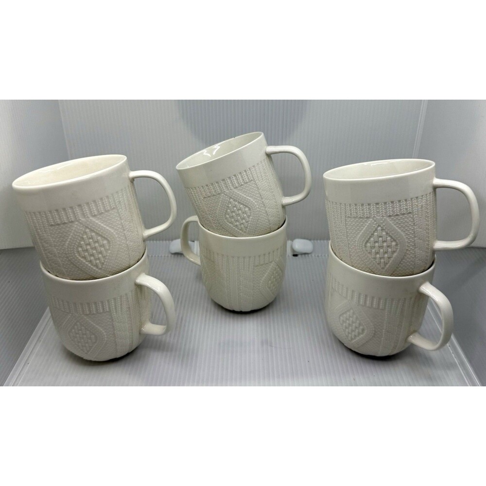 6 Mugs Modern Gourmet Foods Stoneware White Aran Knit Sweater Design Mug Coffee